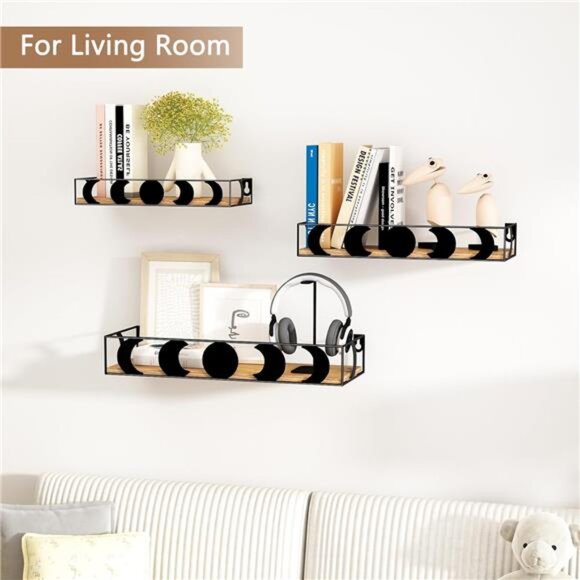 Black and Brown Floating Wall Shelves, Set of 3 Moon Phase Decorative Small - Picture 2 of 7